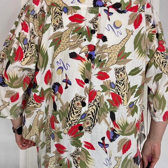 Rhapsody Safari Jungle Print Button Up Cotton Blouse Vintage 1990s Size Large - Picture 9 of 12